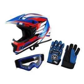 XFMT DOT Youth Kids Motocross Offroad Street Dirt Bike Helmet Motorcycle ATV Full Face Helmet with Goggles Gloves, Red White and Blue Large