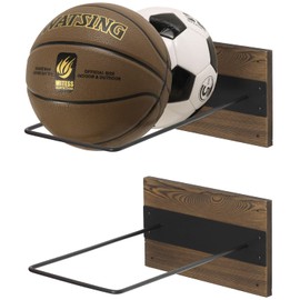 MyGift Set of 2 Wall Mounted Large Stability Ball Holders, Burnt Solid Wood and Black Metal Storage Racks for Gym Sport or Yoga Studio Exercise Balls - Rectangular 16 x 9 Inch Ball Display Ring