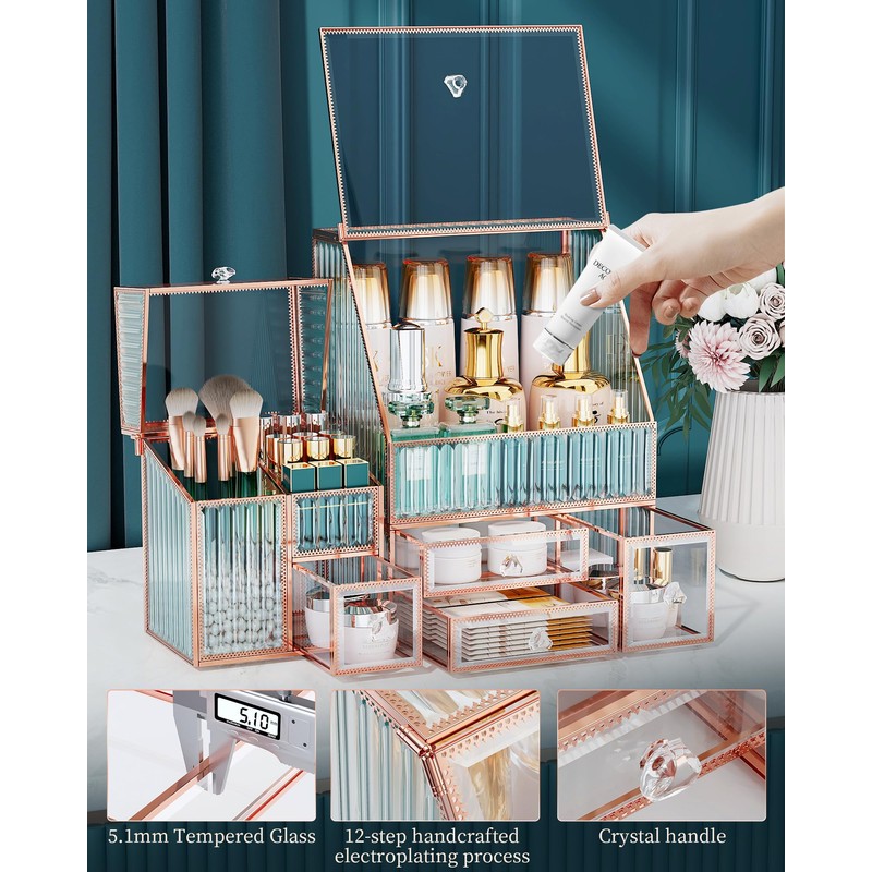 Youdepot Glass Makeup Organizer - Multi-Functional 3-in-1 Cosmetic Organizer for