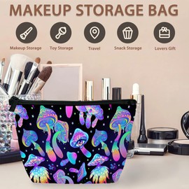 BIGXIUKA Psychedelic Mushrooms Travel Makeup Bag,60s Hippie Boho Cosmetic Bags Small Waterproof Zipper Women Purse Mini Portable Traveling Organizer Pouch for Ladies Thanksgiving Gifts
