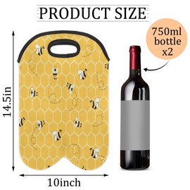 2 Bottle Wine Carrier Tote Bag Cute Bees Insulated Neoprene Portable Bottle Holder Great Gift for Wine Lover, Great for Picnics Travel BYOB, Outdoor Entertaining