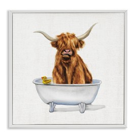 Stupell Industries Shaggy Country Cattle in Bathtub Rubber Duck, Designed by Donna Brooks White Framed Wall Art, 12x12, Brown