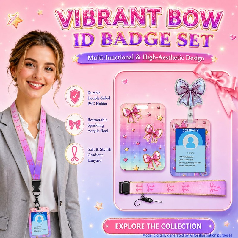 Pink Lanyards for ID Badges, Cute Bow Retractable Badge Reel