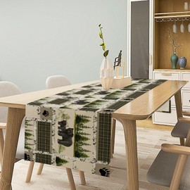 Country Lodge Bear Deer Table Runner, Retro Vintage Bear Cottage Country Style Cabin Farmhouse Dinner Runner for Home Kitchen Dining Table Decoration,36X13inch