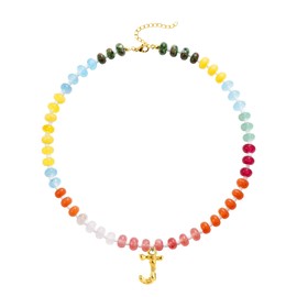 SLOONG 14K Gold Plated Beaded Choker, Bohemian Rainbow Bubble Necklace with Large Initial for Women, Natural Stone Bead Necklace – Initial Necklaces for Women A-Z Alphabet J