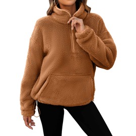 Neineiwu Womens Half Zip Fleece Pullover Fuzzy Oversized Sweatshirts Sherpa Polar Long Sleeve Hoodies With Pockets(Brown Large)