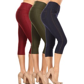 Women's High Waist Stretch Skinny Knit Denim Capri Jeggings Reg-Plus Size (XX-Large, 3PK-Navy/Burgundy/Olive)