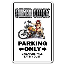 Biker Chick Aluminum Sign Parking Aluminum Signs Motorcycle hog Bike Harley Yamaha Rider | Indoor/Outdoor | 18" Tall