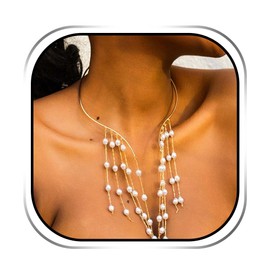 JAKAWIN Boho Pearl Tassel Choker Gold Big Necklace for Women