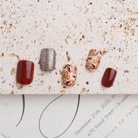 BFY Fall Press on Nails Short Square Fake Nails, Brown Flowers Silver Glitter Acrylic Nails, Natural Fit Glossy Gel Manicure Stick on Nails with Glue, Thanksgiving False Nails Kit 12Sizes 24Pcs