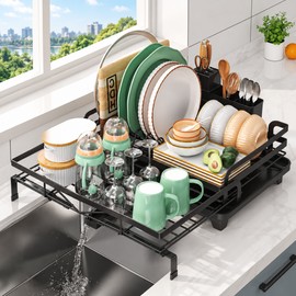Expandable Dish Drying Rack for Kitchen Counter – Adjustable Dish Organizer with Cutlery Holder and Swivel Drainage Spout