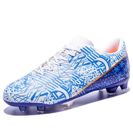 Yioiy Kids Firm Ground Soccer Cleats for Boys Girls Lightweight Training Football Cleats Youth Outdoor Futsal Shoes Tacos de Futbol para Hombre, Blue/White/Gold, Size 3 Little Kid