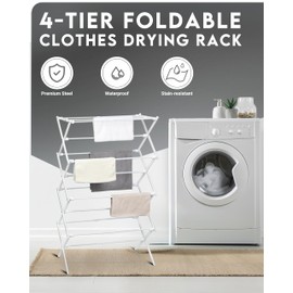 ZOES HOMEWARE 4-Tier Clothes Drying Rack, 4ft High Foldable Drying Rack Clothing for Indoor & Outdoor, Portable Collapsible Laundry Dryer for Laundry Room and Apartment, White 29" L x 49" H x 11.5" W