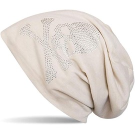 styleBREAKER Classic Beanie Hat with Skull Rhinestone Appliqué, Unisex 04024034, Beige Light