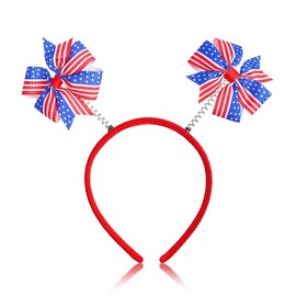 4th of July Head Bopper Independence Day Headband Red White Blue Ribbon Bow Headband American Flag Spings Headwear Patriotic Star Hairband for Women Girls Kids Memorial Day Parade Party Favors 1PCS