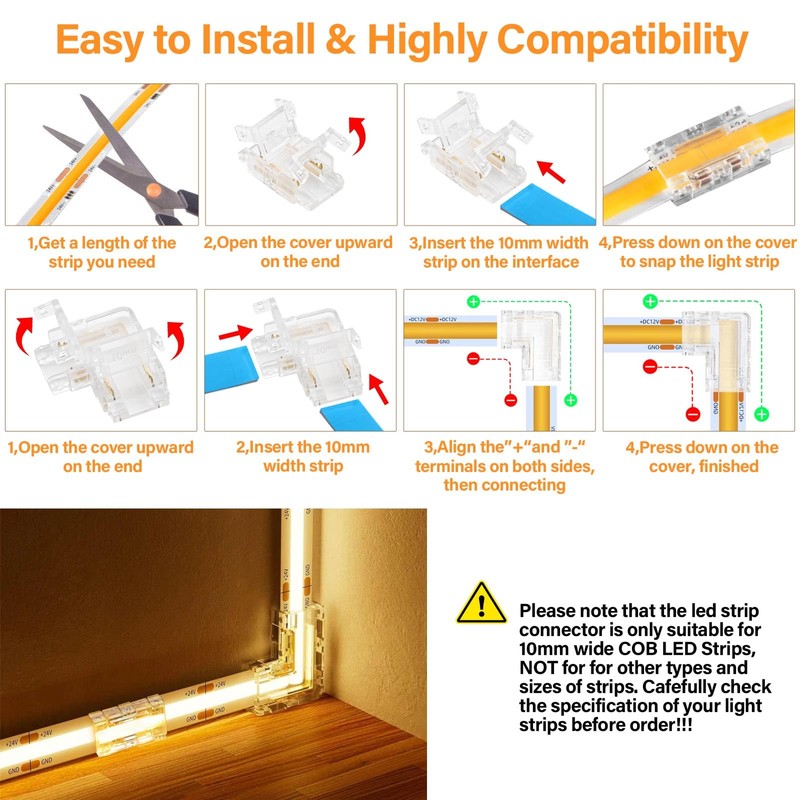 Cob LED Strip Connector 2-Pin 10 mm LED Strip Corner