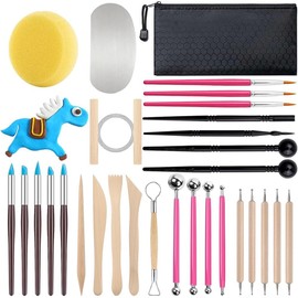 30pcs Herramientas de Arcilla, Herramientas de Escultura de Arcilla Prácticas con Punta de Goma Pinceles y Bolsa Transporte para Tallado de Arcilla Polimérica, Moldear Modelar, Alisar Cerámica (Rosa)