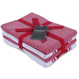 AMOUR INFINI Paños De Cocina Clásicos | 2 Rayas + 2 Gofres | 28 X 20 Pulgadas, De Gran Tamaño | Paños De Cocina Multiusos | 100% Algodón Hilado En Anillo | Altamente Absorbente |