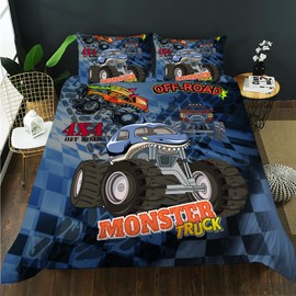AILONEN Truck Duvet Cover Full Size, 3D Monster Truck on Blue Background Theme Bedding Set for Kids Boys,Off-Road Comforter Cover Soft Microfiber,3 Pieces,1 Quilt Cover and 2 Pillowcases