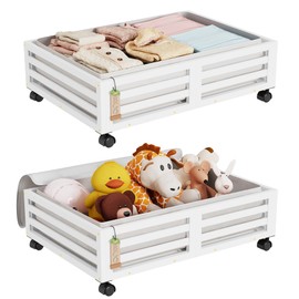Wisuce Bamboo Under Bed Storage Containers- Underbed Organizer with Wheels with Large Dust Bag,Sturdy Wood Rolling Under the Bed Shoe Storage Organizer Drawer 2 Packs (White, Small)