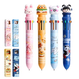 10 in 1 Retractable Ballpoint Pens, Pack of 4, Multicoloured Pens, Creative Cute Cartoon Pen, Retractable Ballpoint Pen for Office, School Supplies, Students, Children, Gift, Children's Birthday Gift