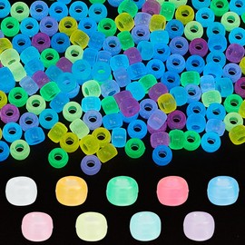 SUNNYCLUE 9 Colors Pony Beads 6x9mm Glow in The Dark Beads Bulk Pink Blue White Purple Opaque Luminous Light Weight Plastic Hair Braid Beads for Jewellery Making Beading Kits DIY Friendship Bracelets