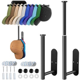 2 Packs Metal Hat Racks for Baseball Caps, Scalable Baseball Hat Racks 8.85-14.56in, Modern Hat Hook Organizer Adhesive/Wall Drilled, L-Shaped Storage Rack for Baseball Hat Towels Tissue Bags (Black)