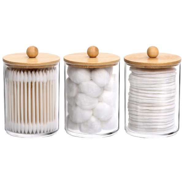 Tbestmax 10 Oz Cotton Swab/Ball/Pad Holder, Qtip Apothecary Jar, Clear Bathroom Containers Dispenser for Storage 3 Pack Wood Lids