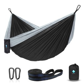 Hammock Camping Portable Single Hammocks for Outdoor Hiking Travel Backpacking - 210D Nylon Tree Tent Swing Beds for Backyard & Garden Hammock (Black/Gray)