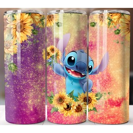 Decorated, Insulated, Suitable for Hot Beverages, With Lid, With Straw Stitch Tumbler 20oz Ombre Sunflowers Insulated Stainless Steel Cup Lid and Straw