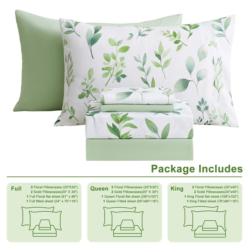 Botanical 6-Piece Queen Bed Sheets Set, Boho Floral Print Brushed