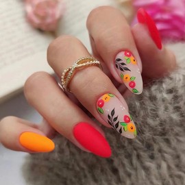 ANDGING Red Pink Matte Press on Nails Almond Short fake on Nails with Flower Leaf Designs Classy Acrylic Fake Nails for Women Wedding Classy Manicure Gel Full Cover False Stick on Nails 24 Pcs