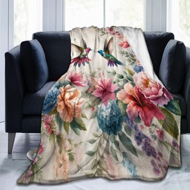 VODRM Retro Hummingbird Floral Blanket Gifts for Women Soft Warm Lightweight Cozy Spring Flower and Birds Vintage Throw Blankets for Bed Living Room Sofa Couch Valentines Day Decor 60x80in