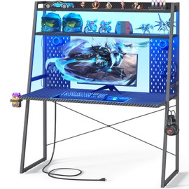 Besiost Small Gaming Desk with Hutch and LED Lights, Gaming Computer Desk with Power Outlets, Gamer Desk with Storage Shelves, Game Desks with Pegboards for Bedroom Small Spaces, Black, 43"