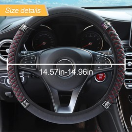 TSUGAMI Bling Soft Leather Steering Wheel Cover, 15 Inch Colorful Rhinestones Auto Elastic Steering Wheel Protector, Sparkly Crystal Diamond for Women Girls, Car Accessories for Most Cars (Black/Red)