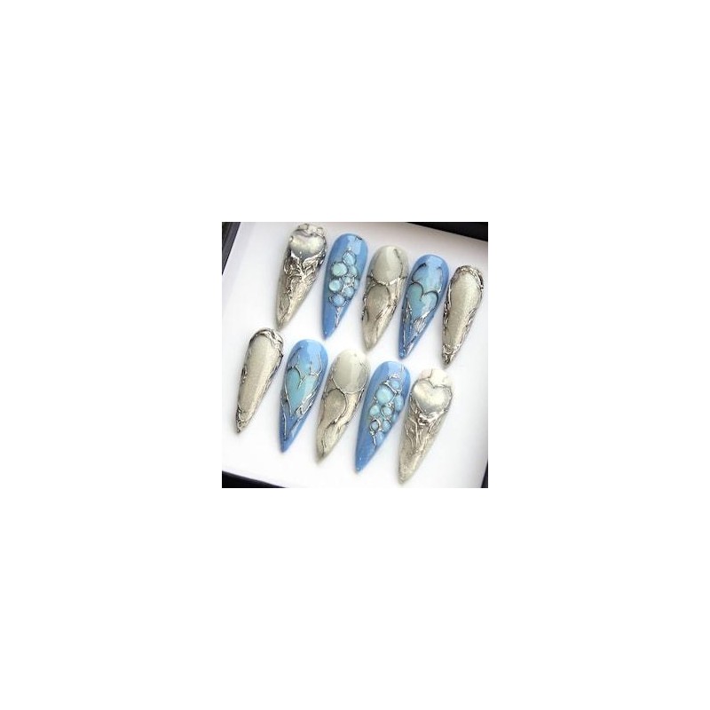 Blue Chrome Press Ons Y2K Metal Silver Abstract 3D Nails