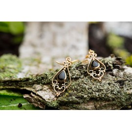 WINDALF Venus Women's Earrings 3.9 cm Black Onyx Bronze, Fabric jewellery bag, Onyx