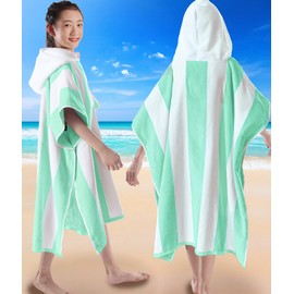 VOOVA & MOVAS Big Kids Hooded Towels for Teens (8-16Years), 100% Cotton Thick Poncho Towel for Boys | Girls, Perfect for Pool, Beach, Bath, Green White Stripe