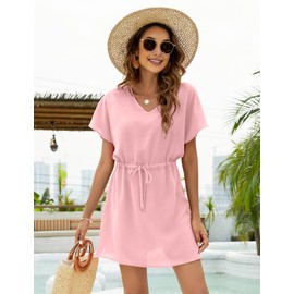 Bluetime Women Summer Beach Sheer Cover Ups Chiffon Bikini Cover Dress for Swimwear with Drawstring (M, Peach Pink)