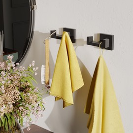 Ruacq Double Towel Hook Matte Black Square Base Bathroom Robe Towel Holder Hand Towel Hanger Stainless Steel Modern Wall Mounted