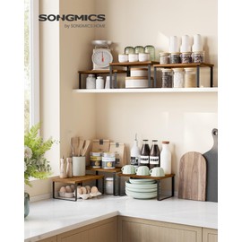 SONGMICS Cabinet Organizer Shelf, Set of 3 Kitchen Counter Shelves, Kitchen Storage, Spice Rack, Stackable, Expandable, Rustic Brown and Matte Black UKCS220K02