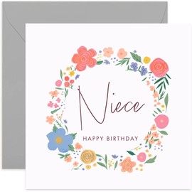 Old English Co. Niece Happy Birthday Card - Sweet Cute Floral Wreath Card for Her Niece Card | Flower Happy Birthday From Auntie and Uncle | Blank Inside & Envelope Included