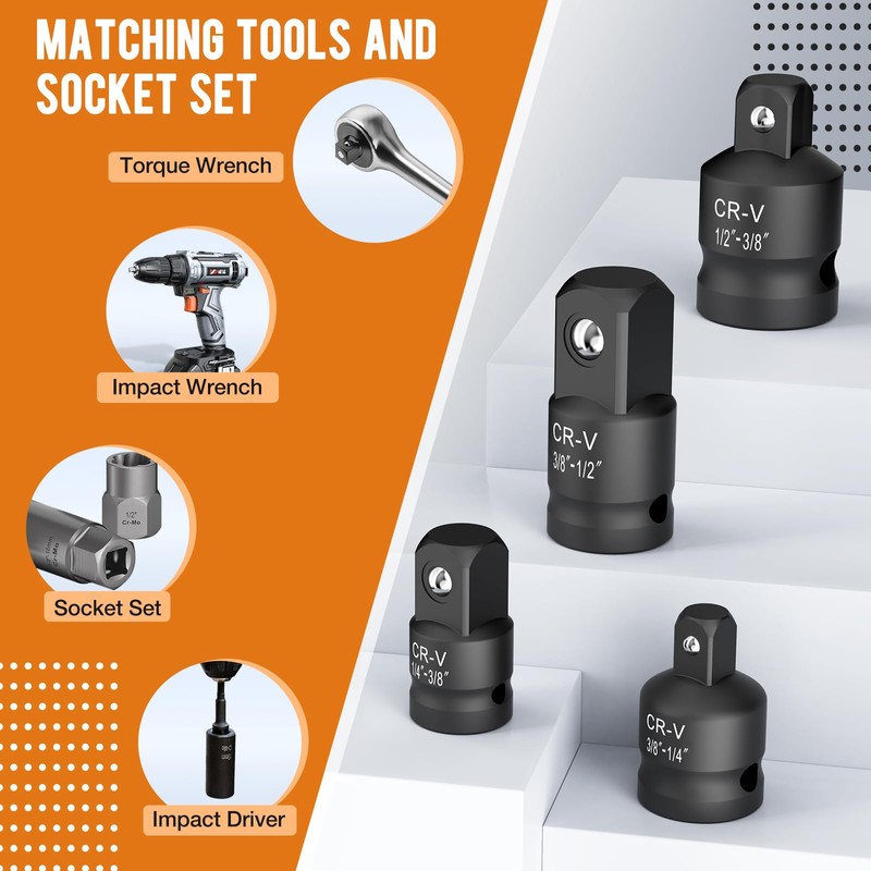 Impact Socket Adapter and Reducer Set,1" to 1/2" Impact Adapter