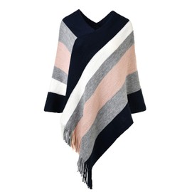 Ferand Women's Striped Poncho Pullover Versatile Scarf Wrap with Fringe for Autumn and Winter, Navy & Pink