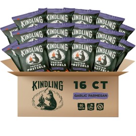 Kindling Protein Pretzels - Garlic Parmesan | Protein-Packed Snack Size Bags | Kosher | 8 - 9g Protein Per Serving | Only 1-2g of Total Sugar | No Artificial Flavors, Soy-Free | Lunches, Office Snacks, & On-the-Go | 16-Pack (1.06oz Bags)
