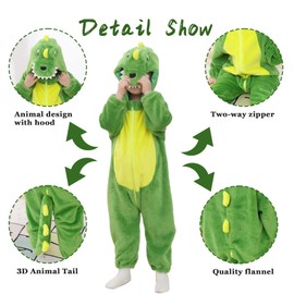 Doladola Baby Animal Costume with Hood, Children’s Flannel Jumpsuit, for Girls and Boys, Green Dinosaur, Size: Age 2.5–3.5 Years