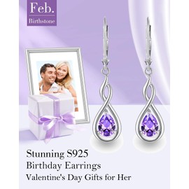 February Birthstone Earrings 925 Sterling Silver Valentine's Day Earrings for Her Amethyst Dangle Drop Leverback Earrings for Women Birthday Anniversary Christmas Earrings Jewelry for Women