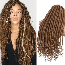 Straight Goddess Faux Locs With Curly Ends Ombre Braiding Locs Synthetic Crochet Braiding Hair Extensions Dreadlocks For Braids 3 Packs - Coffee Brown