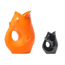 Gurgle Pot Fish Pitcher - Set of 2, Autumn Colors, Large Pitcher 42 oz. with matching Creamer, Orange and Black, the perfect Indoor or outdoor tableware. (Large Orange & Small Black)
