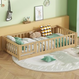 Twin Size Floor Bed with Door and Fence,Montessori Floor Bed with Slats and Safety Guardrails,Solid Wood Twin Size Floor Bed Frame for Girls Boys,Kids Montessori Bed Twin Size,Natural